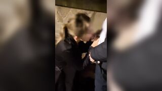 Wife playing rock paper scissors with stranger and kneeling down to suck him off