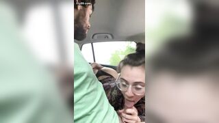 Young hooker giving deep blowjob to taxi driver