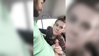 Young hooker giving deep blowjob to taxi driver