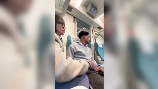 Horny nerd girl sucking black guy in the train on their first date