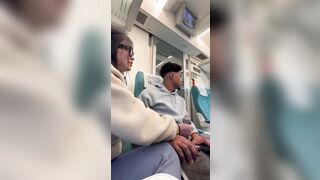 Horny nerd girl sucking black guy in the train on their first date