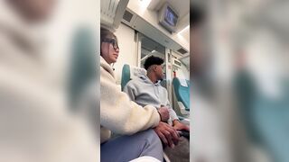 Horny nerd girl sucking black guy in the train on their first date