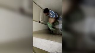 While getting fucked by her bf in the toilet girl realized someone was secretly filming her